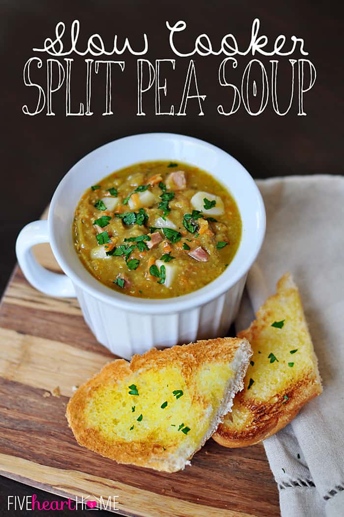 Slow Cooker Split Pea Soup ~ your crock pot does all the work for this warm and comforting soup, made hearty (but not heavy) by the addition of diced ham, potatoes, and carrots | {Five Heart Home}