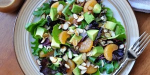 Mixed Greens Salad with Mandarins, Toasted Almonds, Avocado, and Sesame Ginger Vinaigrette | {Five Heart Home}