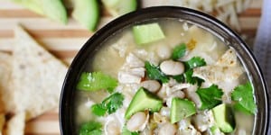 Slow Cooker / Crock Pot Chicken and White Bean Chili ~ garnish with cilantro, tortilla chips, cheese, avocado chunks, salsa, etc. | {Five Heart Home}