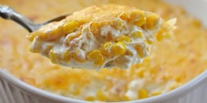 Creamy Cheesy Corn Casserole ~ decadent with cream cheese and cheddar, this corn is perfect as a holiday side dish and can even be made in the crock pot | {Five Heart Home}
