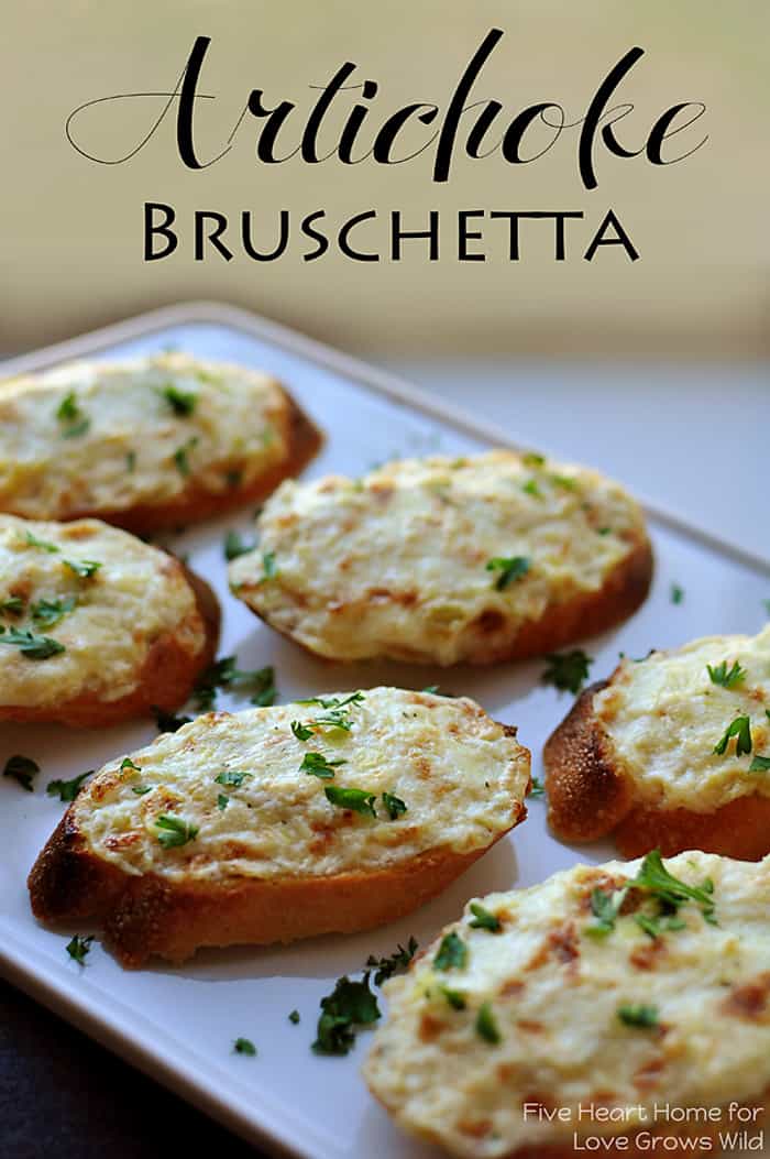 Artichoke Bruschetta {or} Hot Artichoke Dip ~ an easy appetizer or dip, depending on how fancy the occasion is | {Five Heart Home for Love Grows Wild}