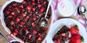 Chocolate Bread Pudding with Raspberry Sauce ~ warm, decadent dessert for your favorite chocoholic! Recipe includes a variation for Kahlua Chocolate Bread Pudding | FiveHeartHome.com