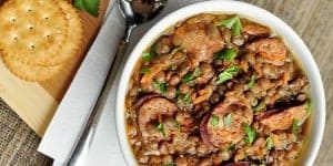 Slow Cooker German Lentil Soup with Sausage | {Five Heart Home}
