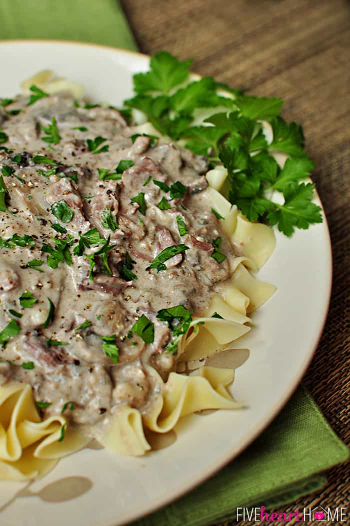 Slow Cooker Beef Stroganoff ~ easy crock pot meal featuring tender beef and hearty mushrooms in a sour cream sauce | FiveHeartHome.com