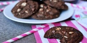 Triple Chocolate Fudge Cookies ~ intense chocolate flavor with chewy, gooey centers and two types of chocolate chips | FiveHeartHome.com