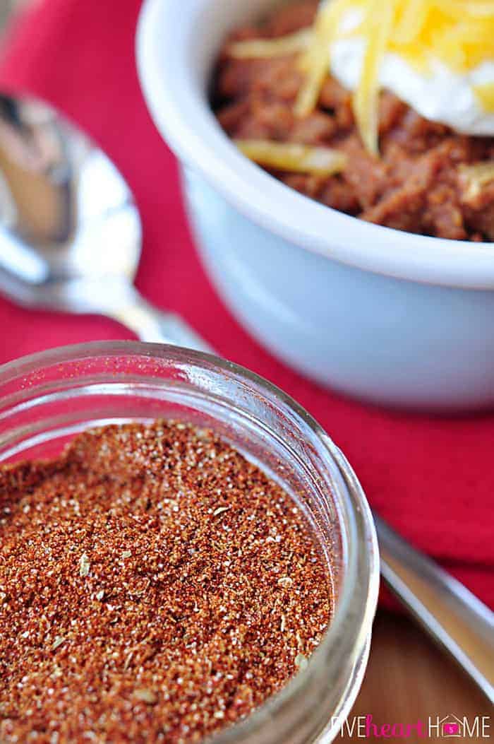Homemade Chili Seasoning Mix ~ make it in bulk for a quick pot of chili any time of year without the preservatives of store-bought mix | FiveHeartHome.com
