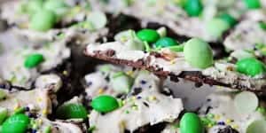 Leprechaun Bait ~ Chocolate Mint Cookie Bark with semisweet and white chocolate, Oreos, mint M&Ms, and mint chips | FiveHeartHome.com