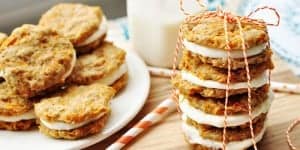 Carrot Cake Sandwich Cookies ~ mini carrot cake whoopie pies filled with cream cheese frosting make an easy, hand-held Easter dessert | FiveHeartHome.com