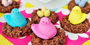 Chocolate Bird's Nest Cookies ~ chocolate coconut macaroon nests topped with Peeps chicks and mini chocolate eggs | FiveHeartHome.com