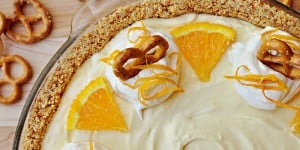 Frozen Orange Creamsicle Pie with a Pretzel Crust | FiveHeartHome.com