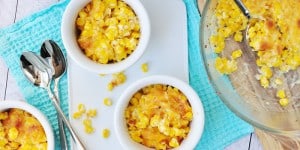 Easy Creamed Corn with Parmesan ~ creamy, decadent corn topped with Parmesan and baked until bubbly | FiveHeartHome.com