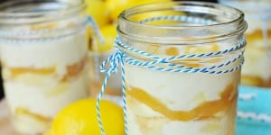 Lemon and White Chocolate Tiramisu Mason Jar Trifles ~ a quick and easy springtime dessert; cute and portable for picnics or parties | FiveHeartHome.com