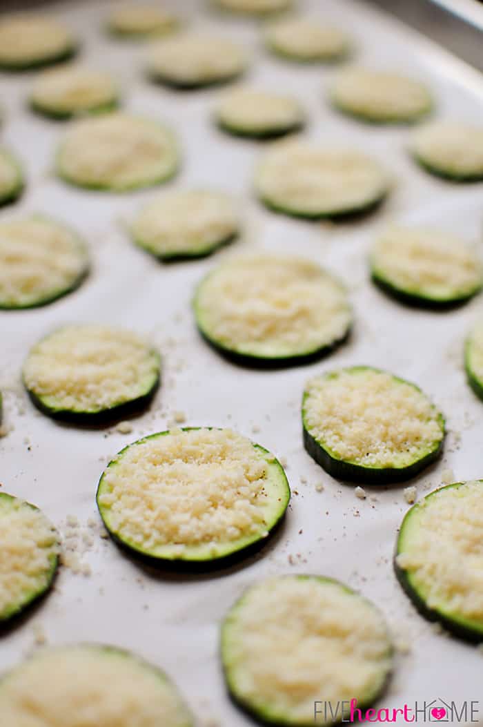 Baked Parmesan Zucchini Rounds ~ you're just 2 ingredients away from a quick and easy, delicious summer side dish! | FiveHeartHome.com