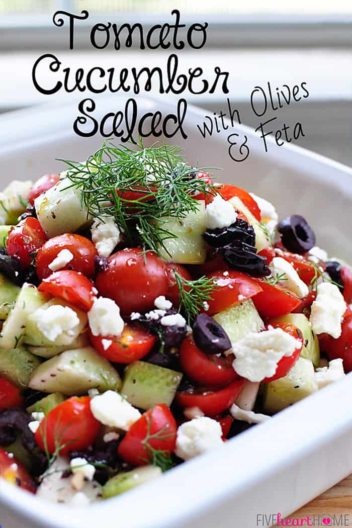 Tomato Cucumber Salad with Olives and Feta | {Five Heart Home}