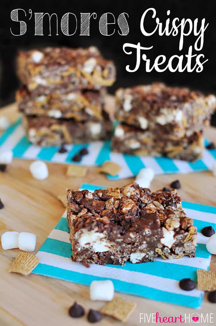 S'mores Crispy Treats ~ rice cereal and marshmallow bars are given a s'mores treatment with the addition of graham cereal, whole mini marshmallows, and chocolate chips | {Five Heart Home}