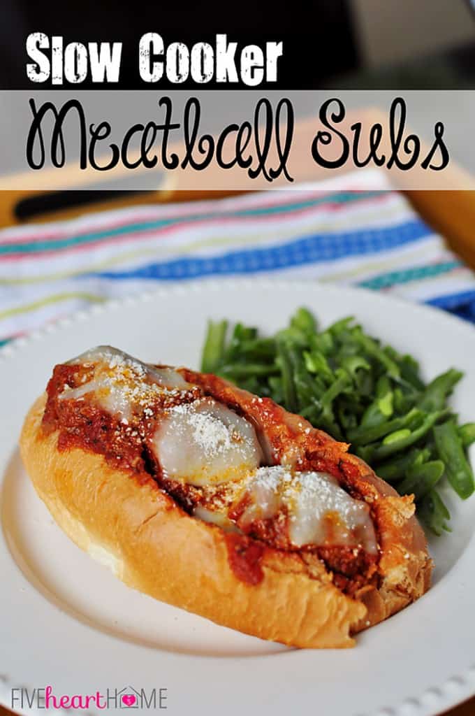 Slow Cooker Meatball Sub Sandwiches ~ meatballs cook up in the crock pot to top tasty and effortless subs | {Five Heart Home}