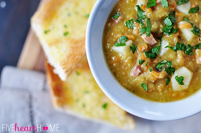 Slow Cooker Split Pea Soup ~ your crock pot does all the work for this warm and comforting soup, made hearty (but not heavy) by the addition of diced ham, potatoes, and carrots | {Five Heart Home}