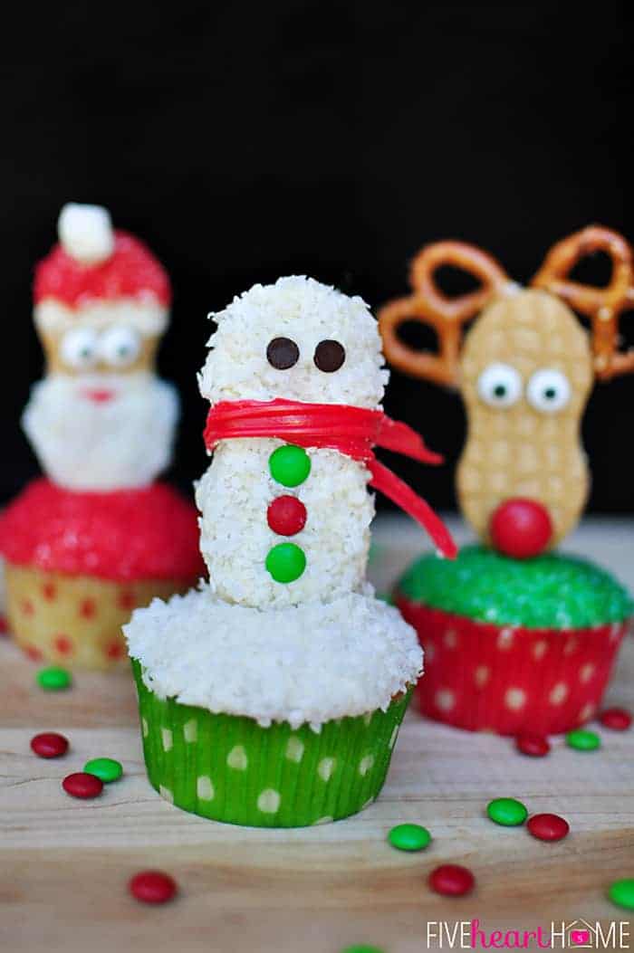 Christmas Cupcake Toppers Using Nutter Butters (Snowman, Reindeer, and Santa) | {Five Heart Home}