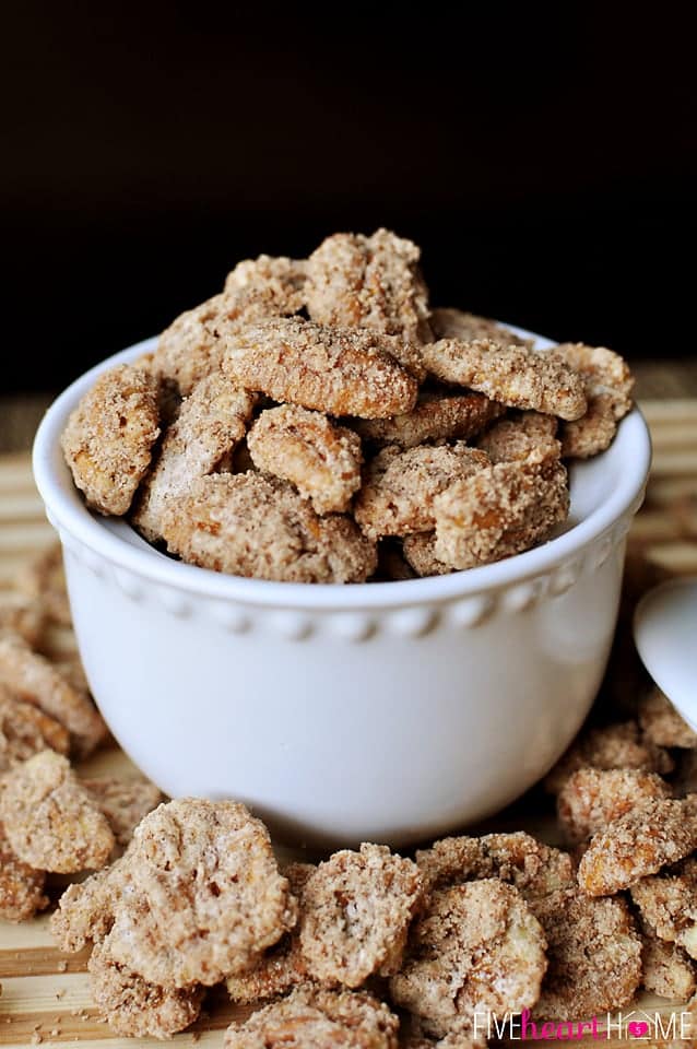 White bowl of Cinnamon Sugar Pecans.