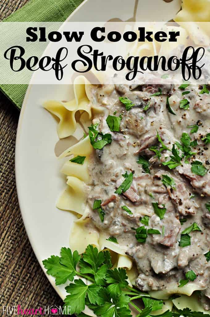 Slow Cooker Beef Stroganoff ~ easy crock pot meal featuring tender beef and hearty mushrooms in a sour cream sauce | FiveHeartHome.com