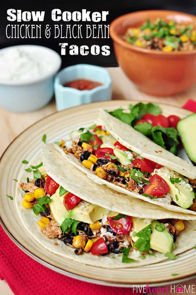Slow Cooker Chicken and Black Bean Tacos ~ let your crock pot do all of the work on your next taco night! | FiveHeartHome.com