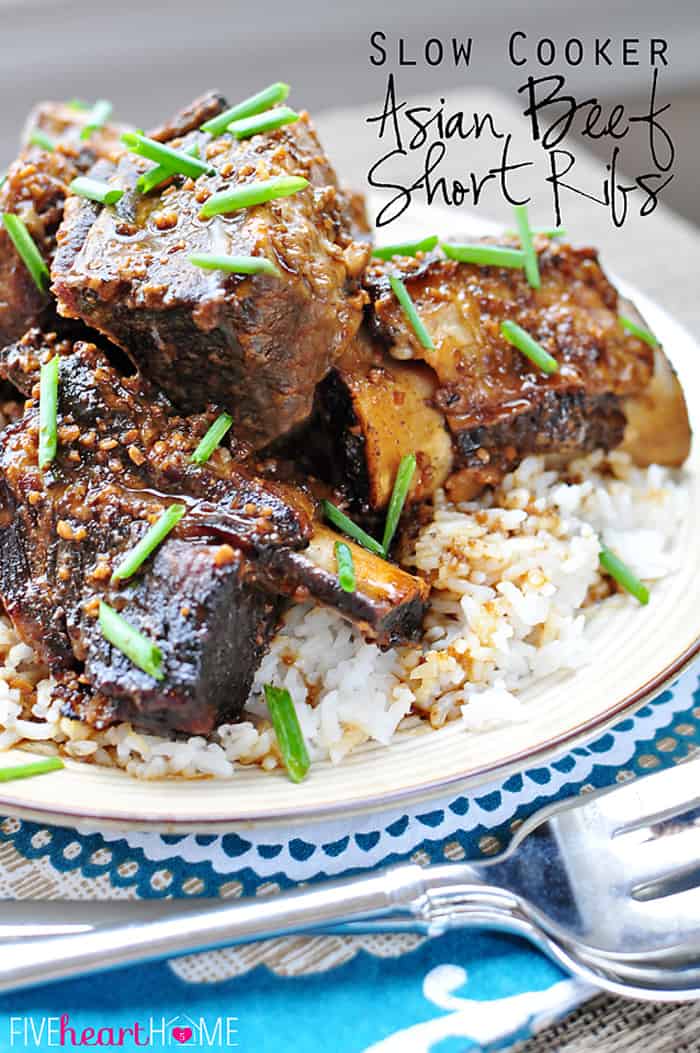 Slow Cooker Asian Beef Short Ribs ~ tender, savory beef from the crock pot, flavored with garlic, ginger, and sesame oil | FiveHeartHome.com