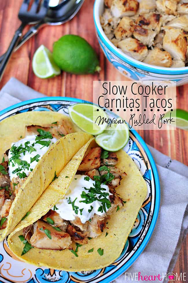 Slow Cooker Carnitas Tacos (or Mexican Pulled Pork) ~ perfect for taco night or Cinco de Mayo | FiveHeartHome.com