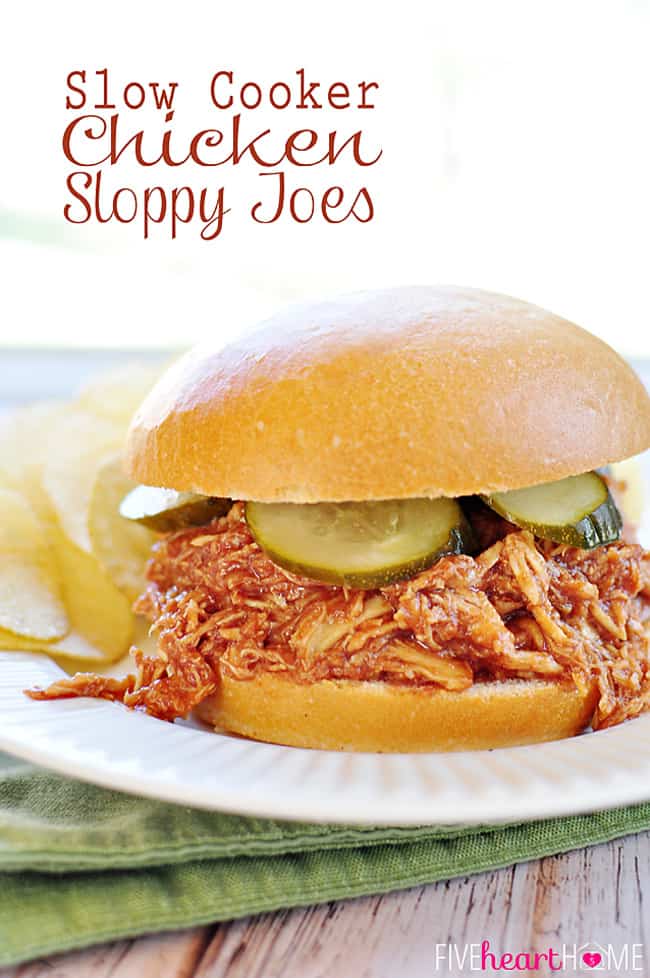 Slow Cooker Chicken Sloppy Joes ~ juicy shredded chicken meets homemade sauce in these effortless sandwiches | FiveHeartHome.com