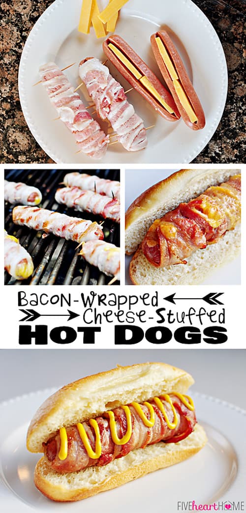 Bacon-Wrapped Cheese-Stuffed Hot Dogs ~ perfect for summer grilling or July 4th | FiveHeartHome.com