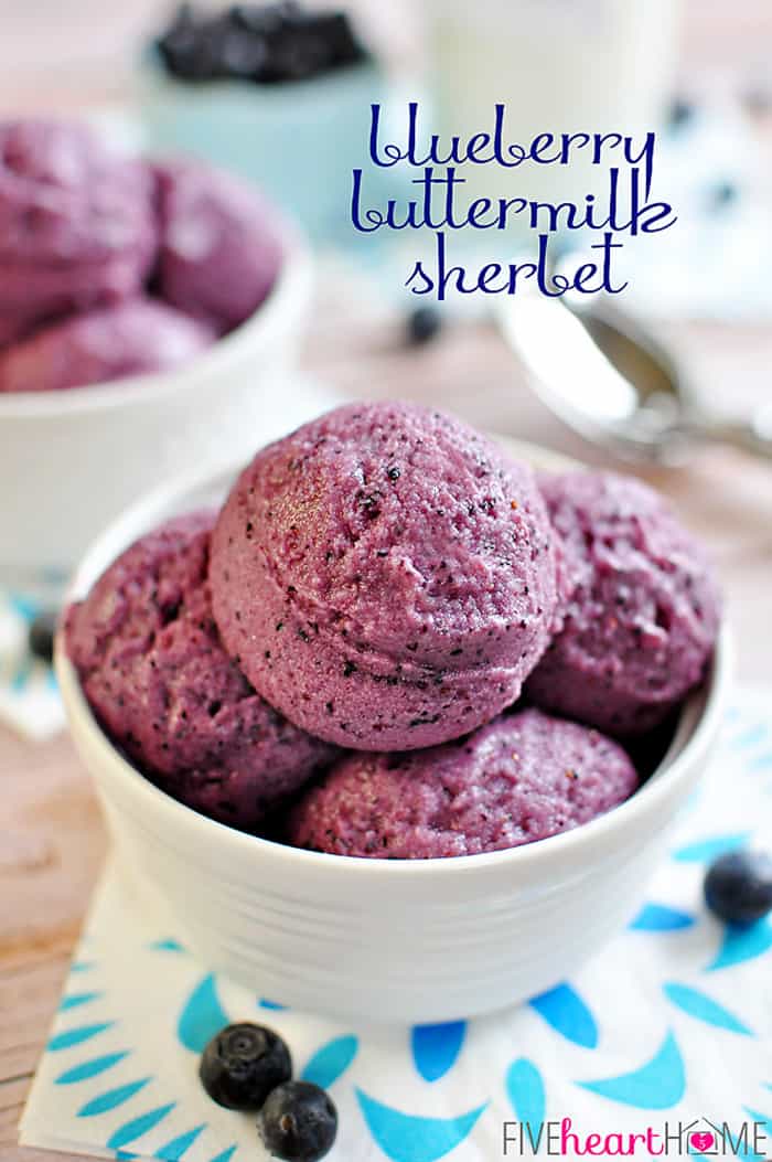 Blueberry Buttermilk Sherbet ~ four simple ingredients combine in this sweet and creamy frozen treat | FiveHeartHome.com