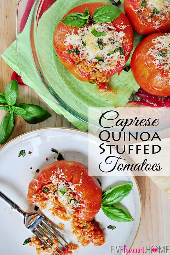Caprese Quinoa Stuffed Tomatoes ~ a delicious new spin on a classic summer side dish! | FiveHeartHome.com