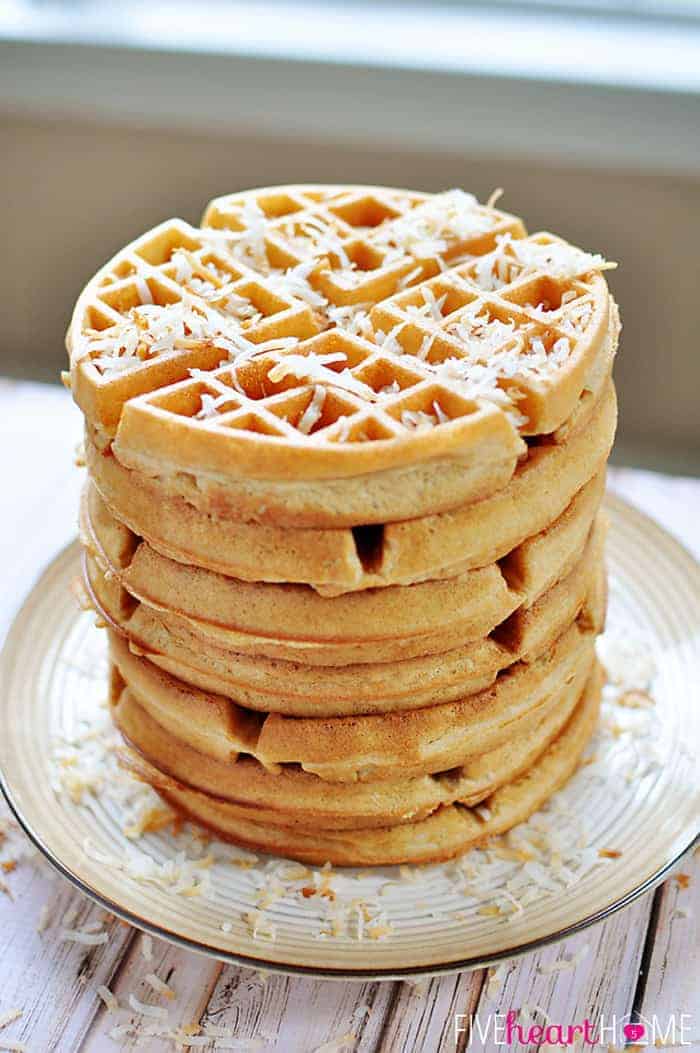 Dairy-Free Coconut Waffles ~ made with whole wheat pastry flour, coconut milk, coconut oil, and honey...tender, golden, and delicious! | FiveHeartHome.com