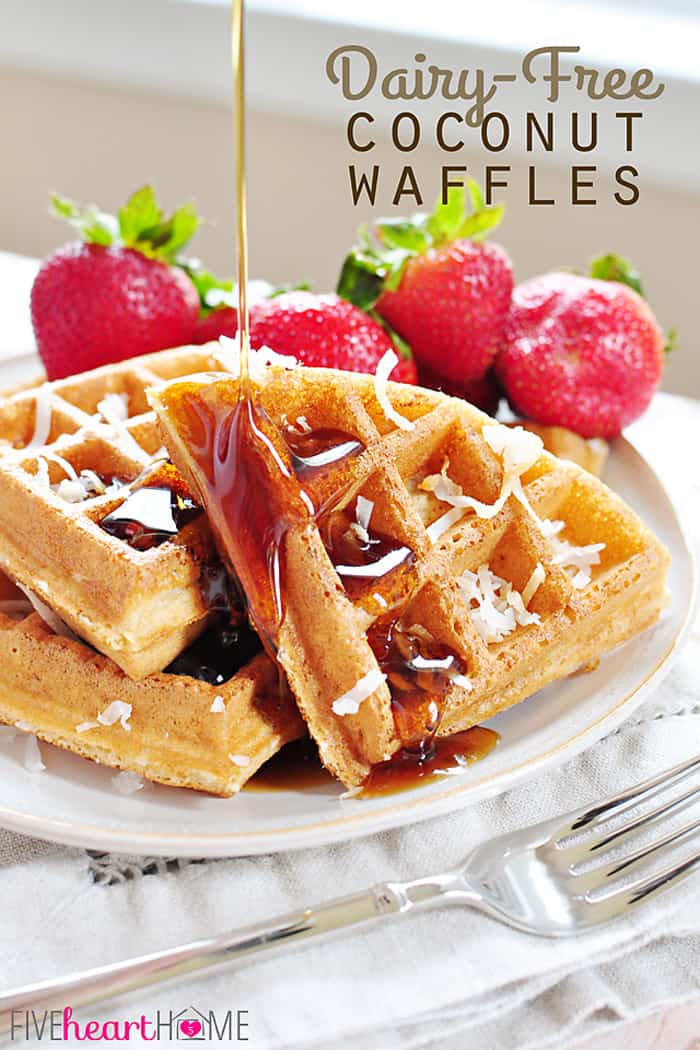 Dairy-Free Coconut Waffles ~ made with whole wheat pastry flour, coconut milk, coconut oil, and honey...tender, golden, and delicious! | FiveHeartHome.com