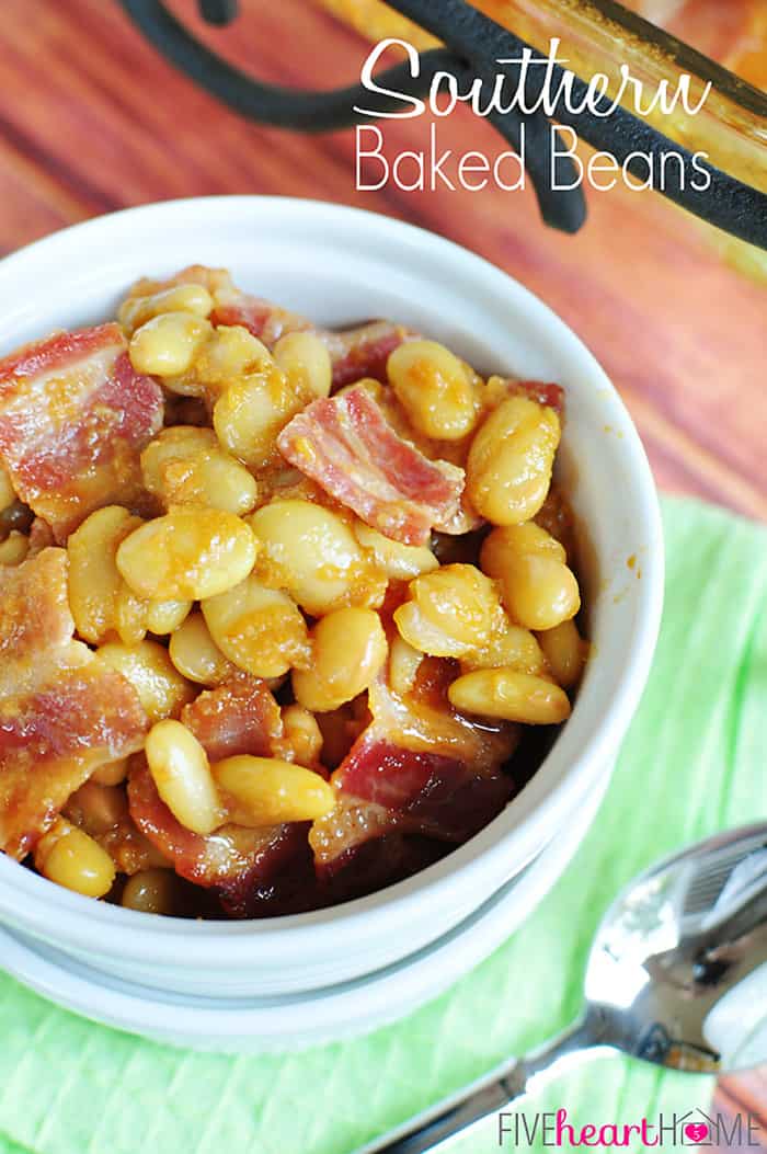 Easy Southern Baked Beans ~ this sweet and savory side dish is topped with bacon, and it's quick to whip up using canned white beans | FiveHeartHome.com