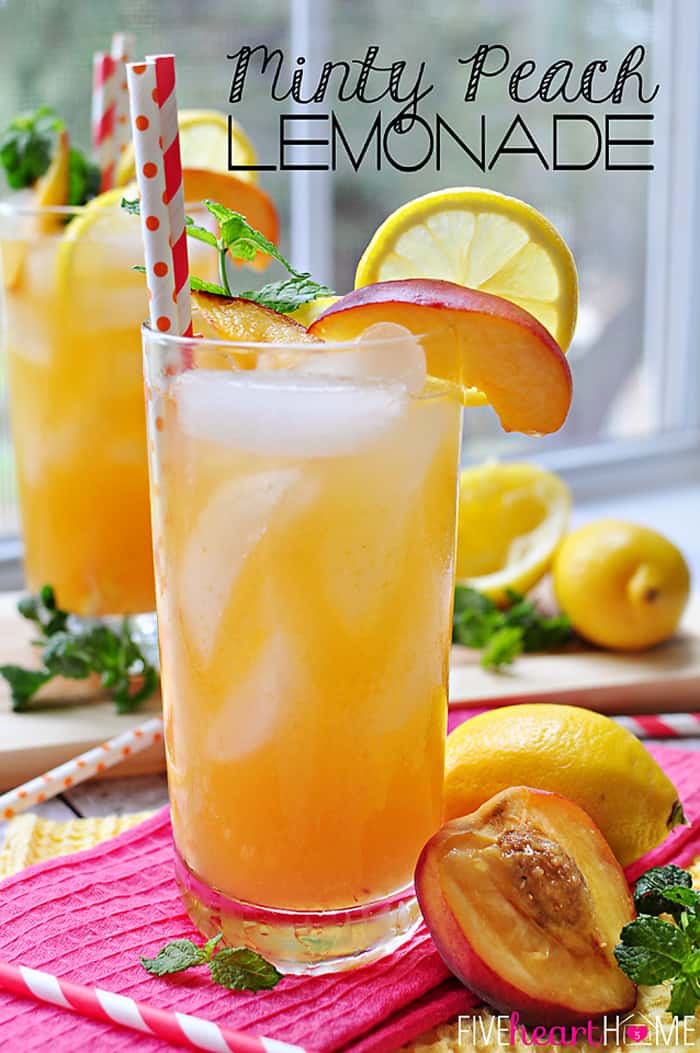 Minty Peach Lemonade ~ homemade lemonade meets mint simple syrup and peach puree in this refreshing summertime drink | FiveHeartHome.com