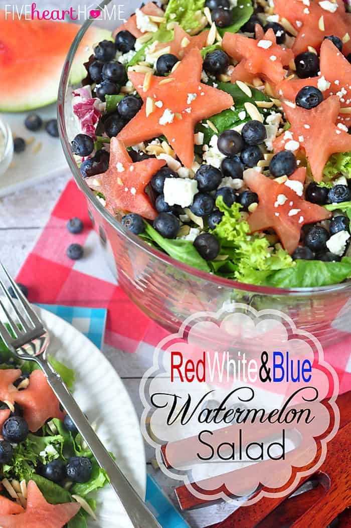 Red, White and Blue Watermelon Salad with Watermelon Vinaigrette ~ a fruity summertime salad to celebrate the Fourth of July | FiveHeartHome.com