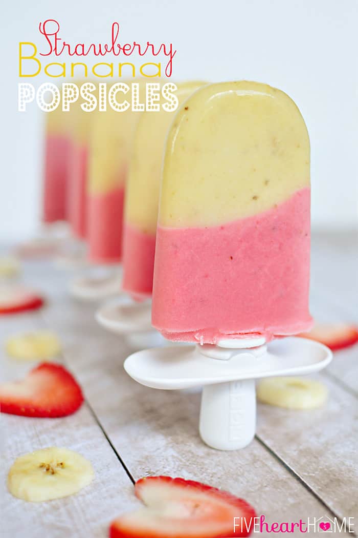 Strawberry Banana Popsicles ~ creamy, natural ice pops made with pureed fruit and a touch of vanilla yogurt | FiveHeartHome.com