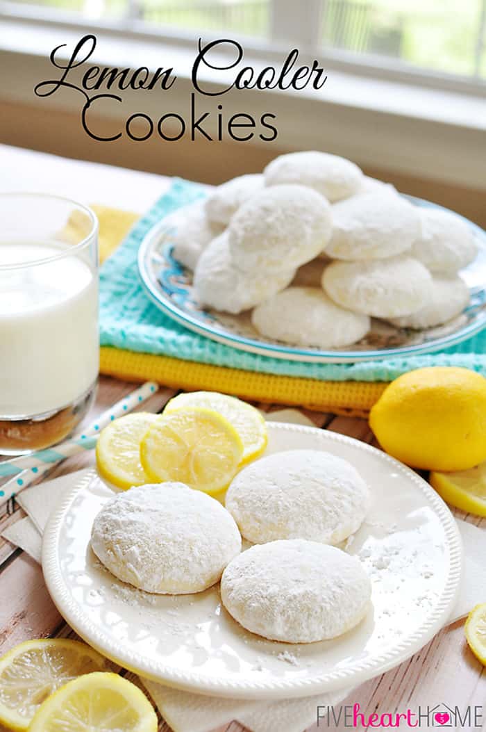 Lemon Cooler Cookies ~ bursting with fresh lemon juice, lemon zest, and real butter, and coated in lemon-infused powdered sugar | FiveHeartHome.com