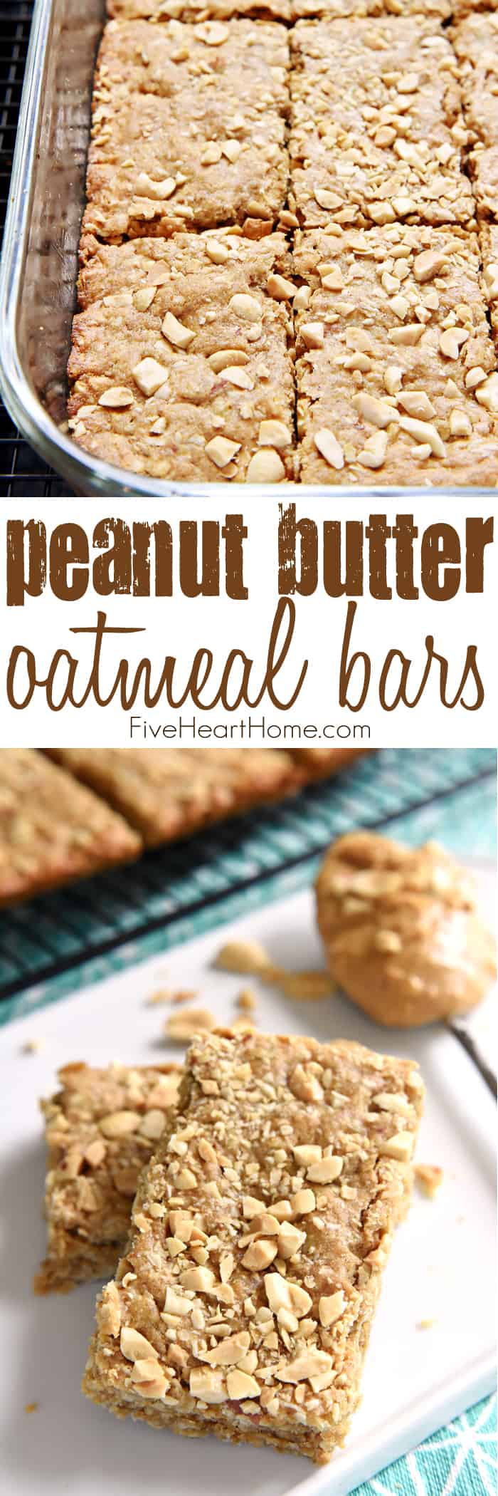 Peanut Butter Oatmeal Bars ~ loaded with wholesome oatmeal and whole wheat flour, flavored with peanut butter, and sweetened with honey, these soft-baked oatmeal bars make a yummy, on-the-go breakfast or snack! | FiveHeartHome.com via @fivehearthome