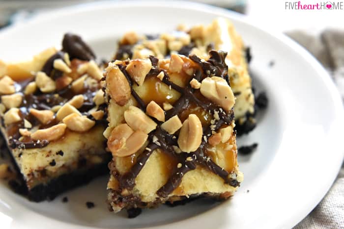 Snickers Cheesecake Bars • FIVEheartHOME