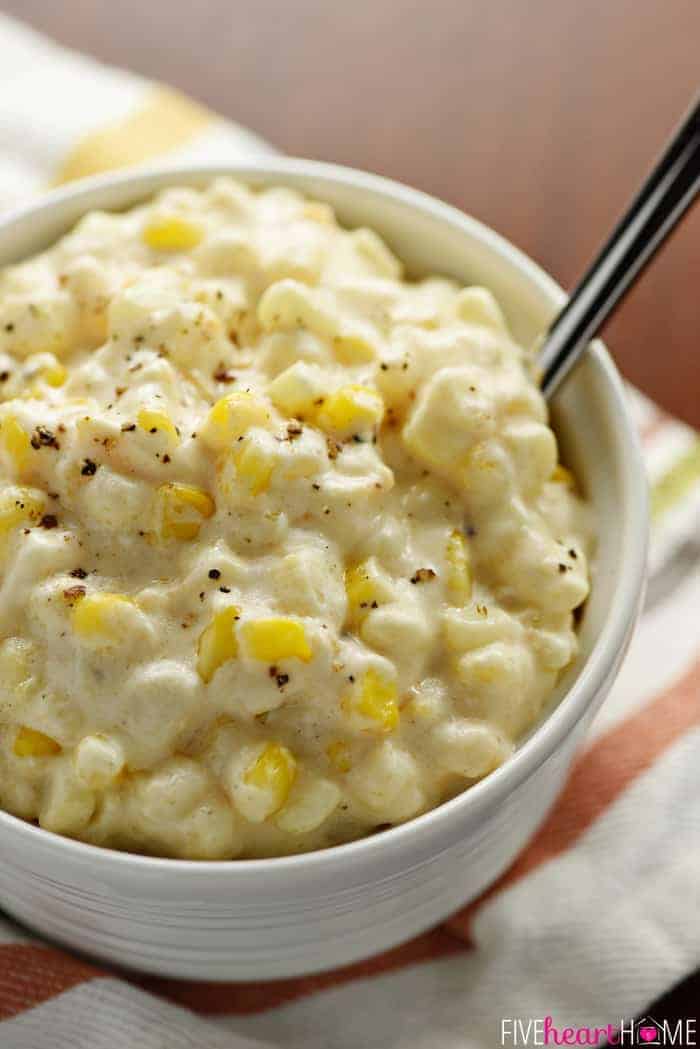 Slow Cooker Creamy Cheesy Corn ~ a rich, comforting side dish that's the perfect addition to any holiday menu...because not only is this recipe delicious, but it also frees up the stove and oven! | FiveHeartHome.com