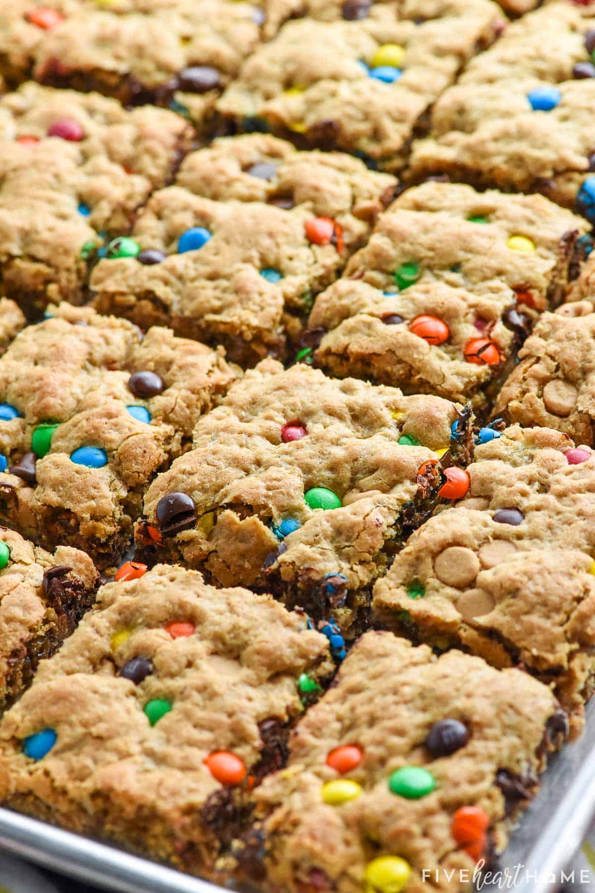 Monster Cookie Bars cut in pan.