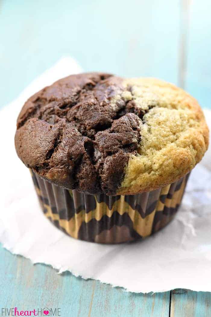 Banana Bread and Chocolate Muffin on turquoise tabletop