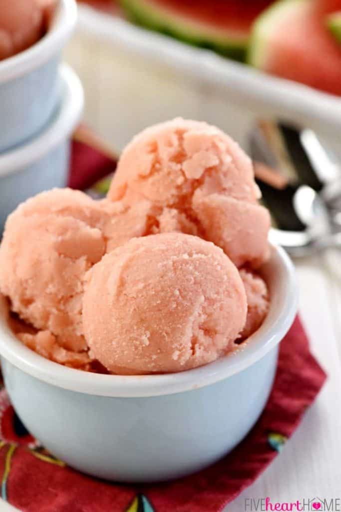 2-Ingredient Watermelon Sherbet ~ a light, refreshing frozen treat that comes together with just fruit and yogurt, making it the perfect healthy snack or dessert all summer long! | FiveHeartHome.com
