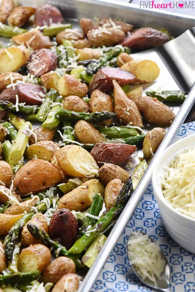 Cheesy Garlic Roasted Potatoes And Asparagus • FIVEheartHOME