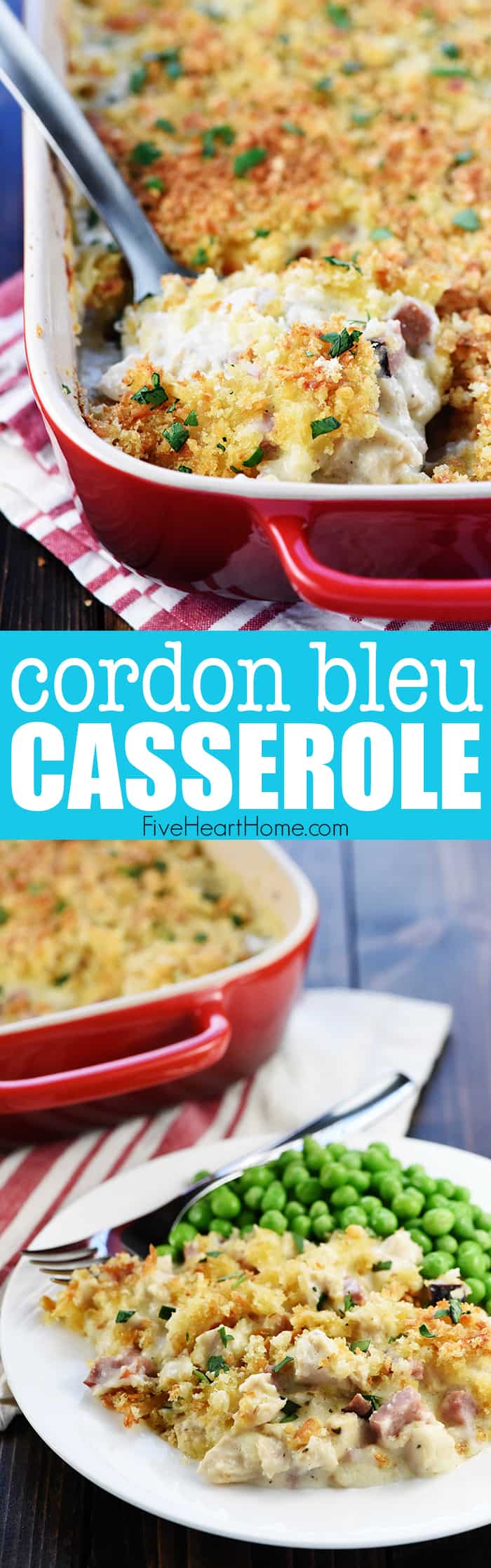 Cordon Bleu Casserole ~ loaded with chicken (or turkey) and ham in a creamy Swiss cheese sauce topped with a layer of toasty bread crumbs for a decadent, delicious dinner...perfect for using up Thanksgiving leftovers! | FiveHeartHome.com via @fivehearthome