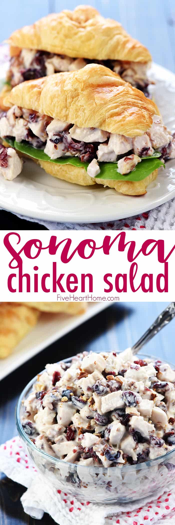 Sonoma Chicken Salad ~ studded with toasted pecans and dried cranberries in a lightened-up dressing including Greek yogurt & honey, this recipe makes scrumptious sandwiches for lunch, dinner, picnics, parties, or bridal and baby showers! | Five Heart Home.com via @fivehearthome