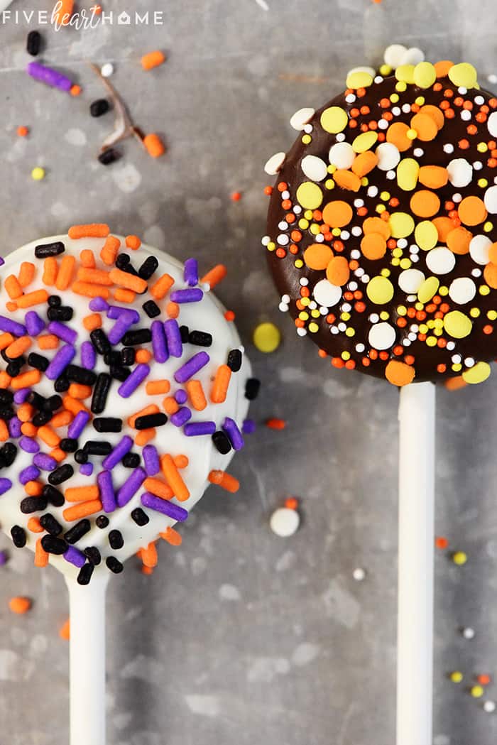 Halloween Oreo Pops decorated with sprinkles