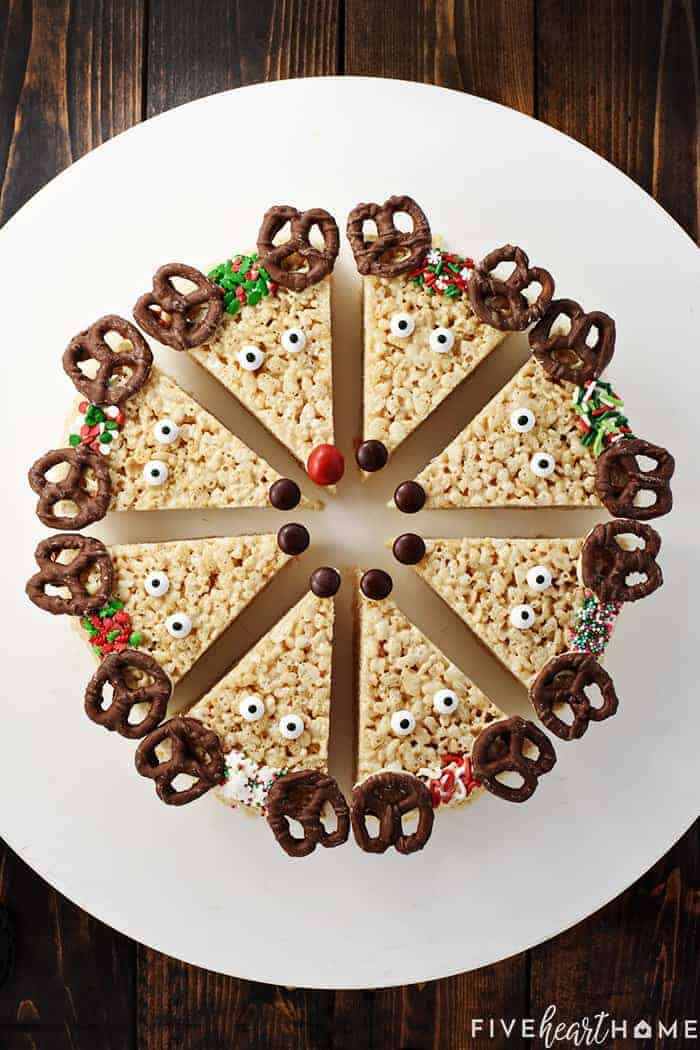 Aerial view of ring of Reindeer Rice Krispie Treats on a plate.