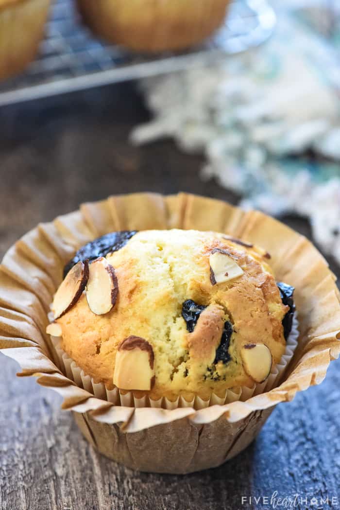 Close-up with dried cherries and sliced almonds on top.